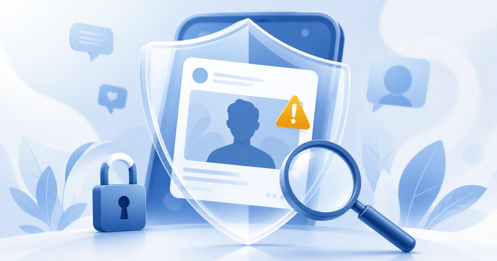 SNSのなりすまし投資広告を盾と虫眼鏡で確認するイメージ