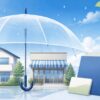 大雨後の家と店舗、書類を透明な傘で守るイメージ