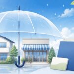 大雨後の家と店舗、書類を透明な傘で守るイメージ