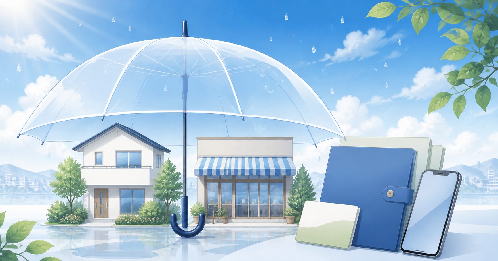 大雨後の家と店舗、書類を透明な傘で守るイメージ