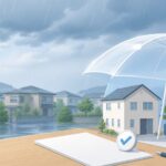 雨の住宅街と、家や家財を透明な傘で守る水災補償のイメージ