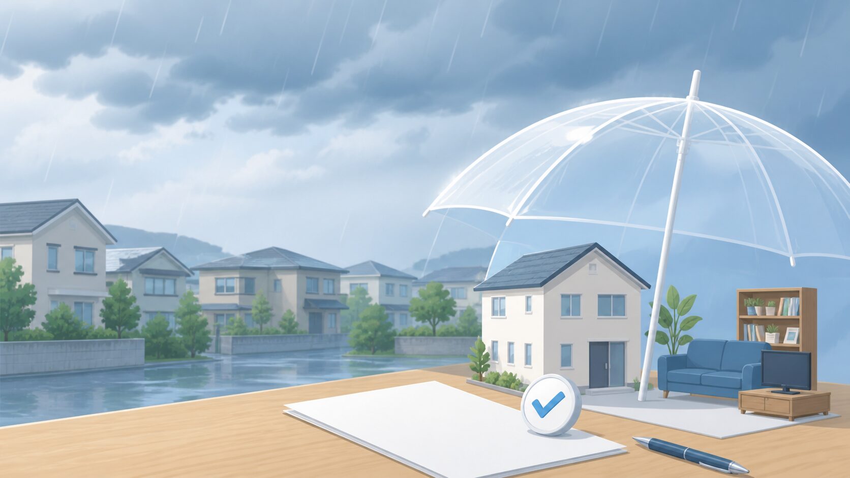 雨の住宅街と、家や家財を透明な傘で守る水災補償のイメージ
