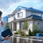 住宅修理の契約を慎重に確認する人と、青いシールドで守られた住宅のイメージ