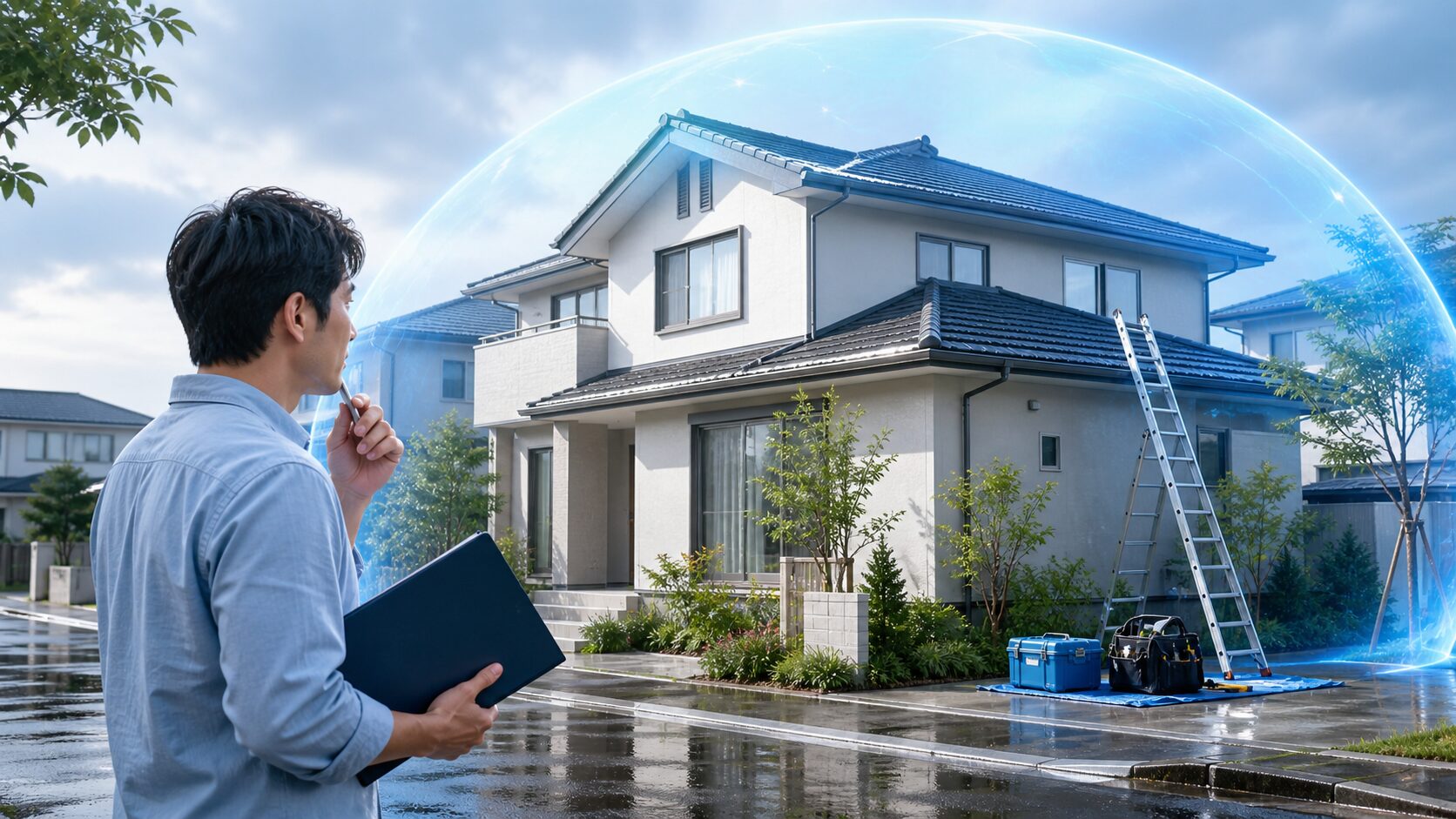 住宅修理の契約を慎重に確認する人と、青いシールドで守られた住宅のイメージ