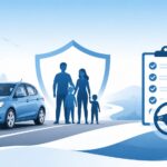 青と白を基調にした、自動車と家族、保険確認のイメージを表す横長のアイキャッチ画像