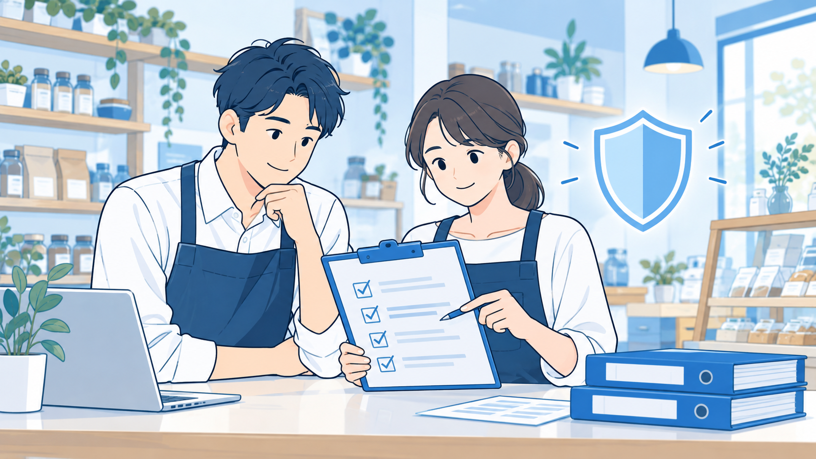 小さな店舗で事業継続の確認表を見ながら話し合う店主とスタッフ