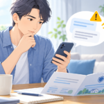 スマートフォンの不審な案内を前に、保険書類を確認する人のイラスト