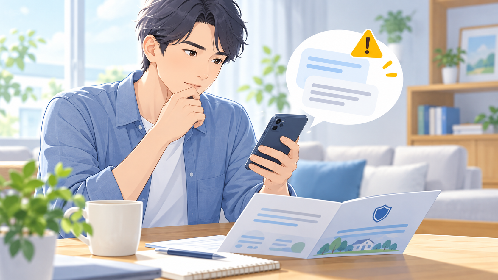 スマートフォンの不審な案内を前に、保険書類を確認する人のイラスト