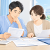病室で医療費の書類を確認する患者と家族