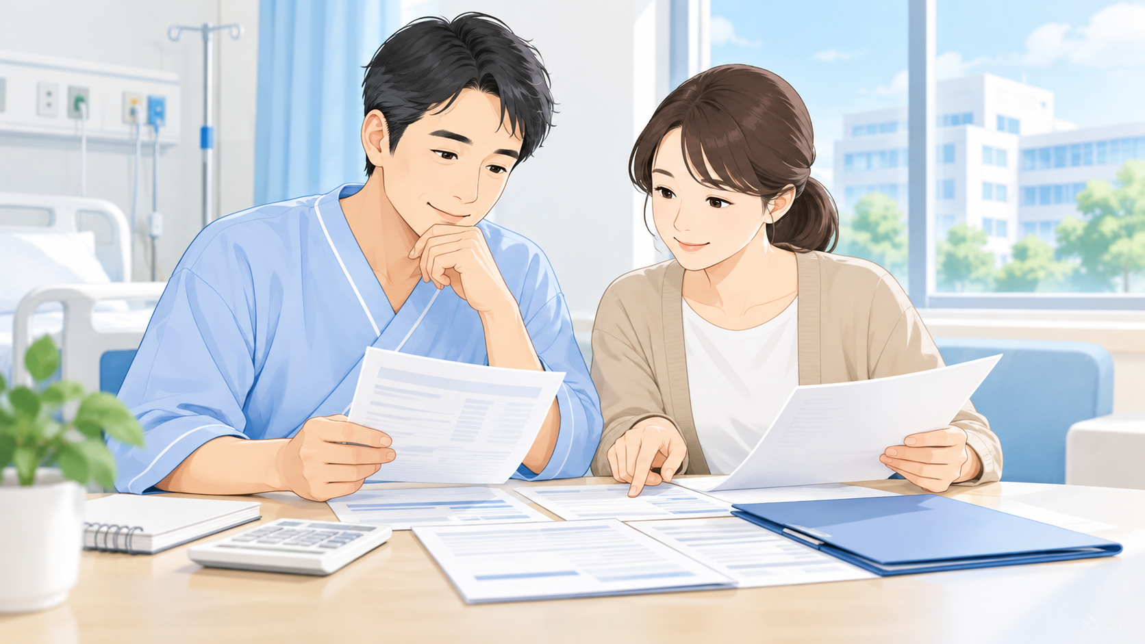 病室で医療費の書類を確認する患者と家族