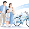 青と白を基調にした、自転車と家族の個人賠償責任への備えを表すイラスト