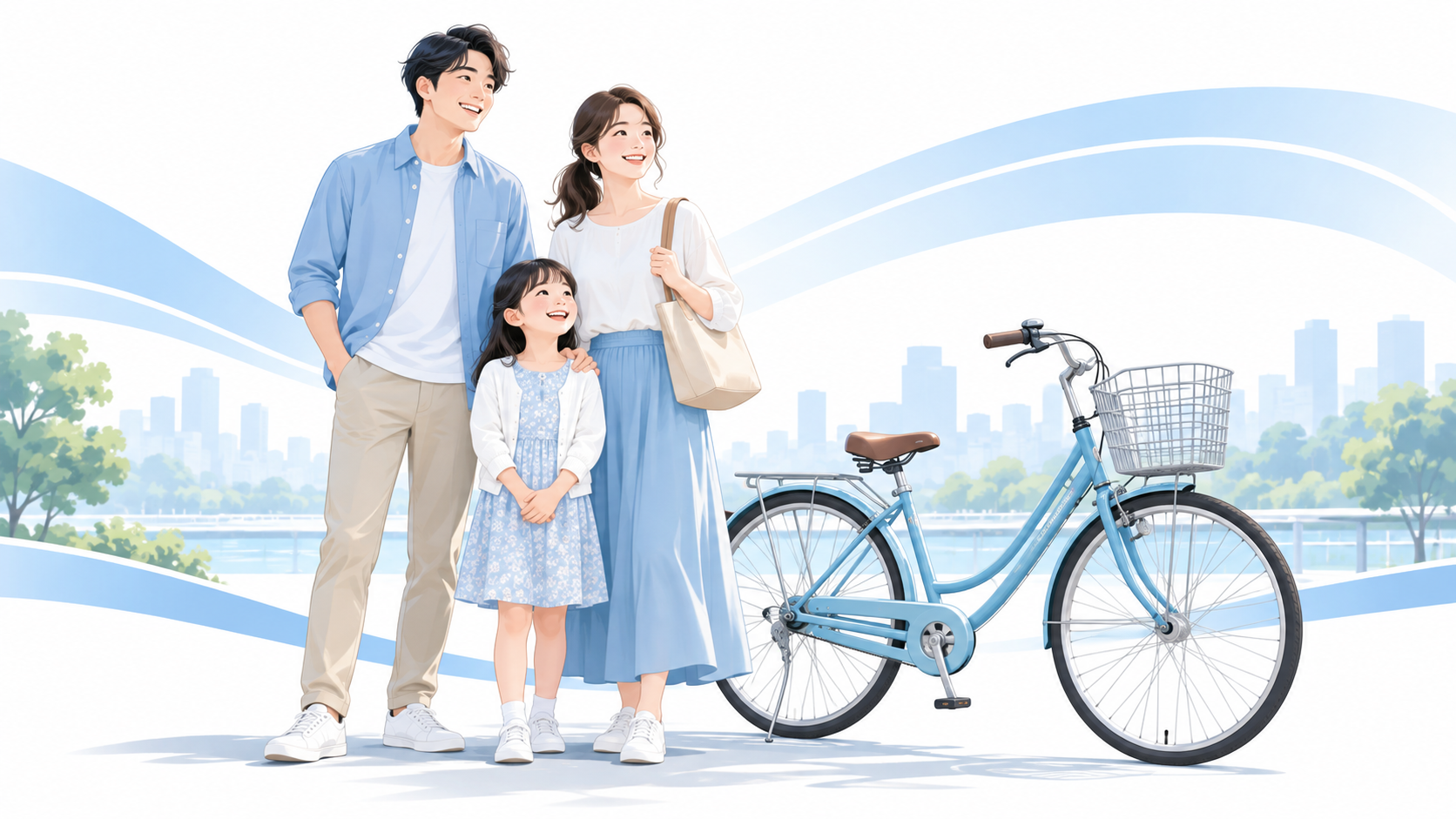 青と白を基調にした、自転車と家族の個人賠償責任への備えを表すイラスト